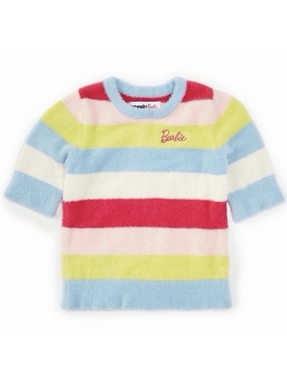 NWT Wrangler x Barbie Rainbow Stripe Fuzzy Short Sleeve Girls Sweater